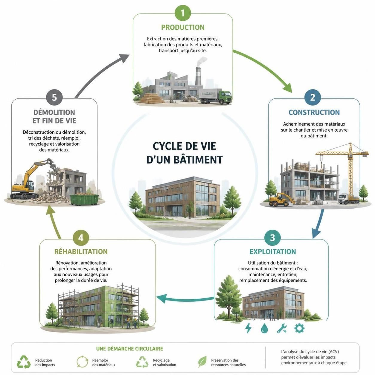 découvrez le cycle de vie d'un bâtiment et apprenez à optimiser chaque étape pour garantir sa durabilité et performance à long terme.